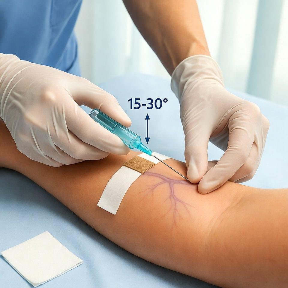 Punção venosa periférica: técnica correta com agulha em veia visível no braço do paciente.